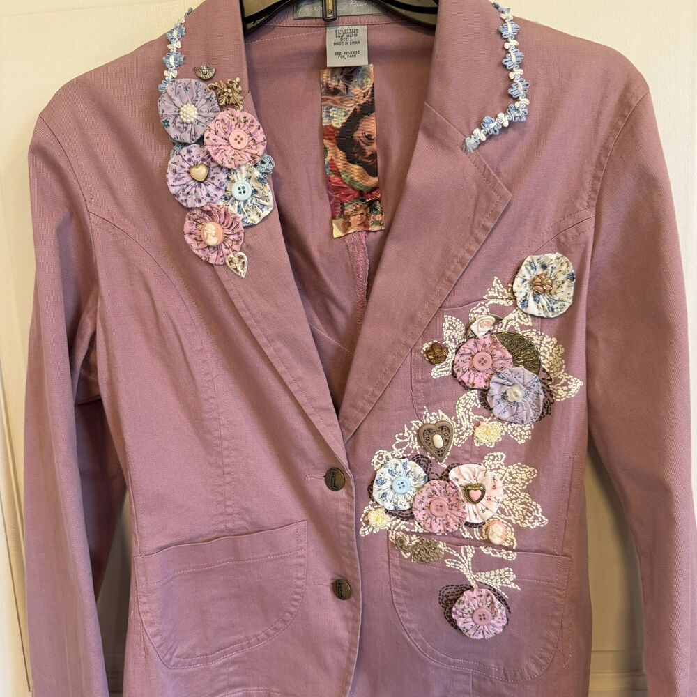 Upcycled Cottagecore Art Blazer S Mauve Floral Jacket Vintage Handkerchief Back